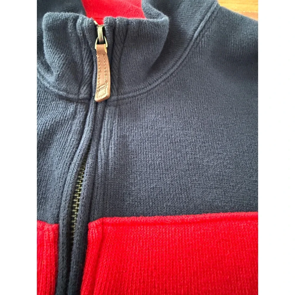 Lands End Mens Medium 100% Cotton Quarter Zip Colorblock Navy Blue Red Sweater